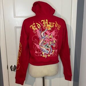 ED HARDY CHERRY RED DRAGON ZIP FRONT HOODIE
